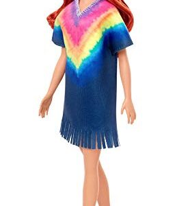 Barbie Fashionistas Doll #141 with Long Red Hair Wearing Tie-Dye Fringe Dress, Golden Boots & Earrings, Toy for Kids 3 to 8 Years Old