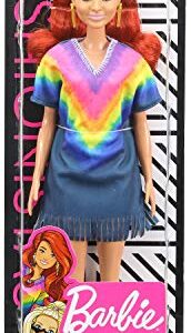 Barbie Fashionistas Doll #141 with Long Red Hair Wearing Tie-Dye Fringe Dress, Golden Boots & Earrings, Toy for Kids 3 to 8 Years Old