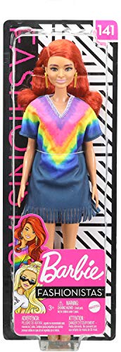 Barbie Fashionistas Doll #141 with Long Red Hair Wearing Tie-Dye Fringe Dress, Golden Boots & Earrings, Toy for Kids 3 to 8 Years Old