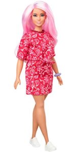 barbie fashionistas doll #151 with long pink hair wearing a red paisley top & skirt, white sneakers & scrunchie bracelet, toy for kids 3 to 8 years old