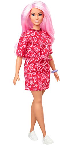 Barbie Fashionistas Doll #151 with Long Pink Hair Wearing a Red Paisley Top & Skirt, White Sneakers & Scrunchie Bracelet, Toy for Kids 3 to 8 Years Old