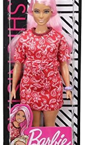 Barbie Fashionistas Doll #151 with Long Pink Hair Wearing a Red Paisley Top & Skirt, White Sneakers & Scrunchie Bracelet, Toy for Kids 3 to 8 Years Old