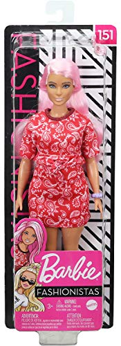 Barbie Fashionistas Doll #151 with Long Pink Hair Wearing a Red Paisley Top & Skirt, White Sneakers & Scrunchie Bracelet, Toy for Kids 3 to 8 Years Old