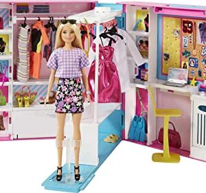 Barbie Dream Closet with Blonde Doll & 25+ Pieces, Toy Closet Expands to 2+ ft Wide & Features 10+ Storage Areas, Full-Length Mirror, Customizable Desk Space and Rotating Clothes Rack