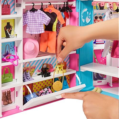 Barbie Dream Closet with Blonde Doll & 25+ Pieces, Toy Closet Expands to 2+ ft Wide & Features 10+ Storage Areas, Full-Length Mirror, Customizable Desk Space and Rotating Clothes Rack