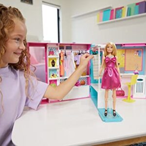 Barbie Dream Closet with Blonde Doll & 25+ Pieces, Toy Closet Expands to 2+ ft Wide & Features 10+ Storage Areas, Full-Length Mirror, Customizable Desk Space and Rotating Clothes Rack