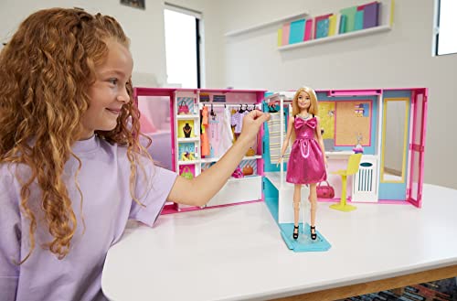 Barbie Dream Closet with Blonde Doll & 25+ Pieces, Toy Closet Expands to 2+ ft Wide & Features 10+ Storage Areas, Full-Length Mirror, Customizable Desk Space and Rotating Clothes Rack