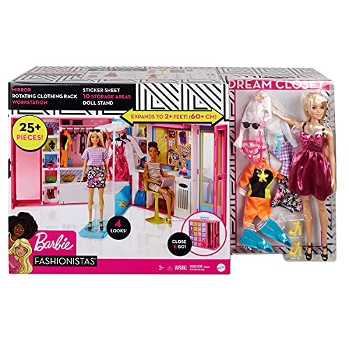 Barbie Dream Closet with Blonde Doll & 25+ Pieces, Toy Closet Expands to 2+ ft Wide & Features 10+ Storage Areas, Full-Length Mirror, Customizable Desk Space and Rotating Clothes Rack