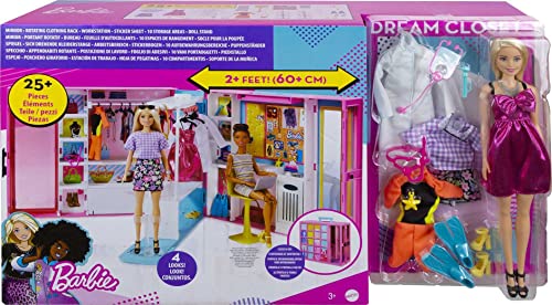 Barbie Dream Closet with Blonde Doll & 25+ Pieces, Toy Closet Expands to 2+ ft Wide & Features 10+ Storage Areas, Full-Length Mirror, Customizable Desk Space and Rotating Clothes Rack