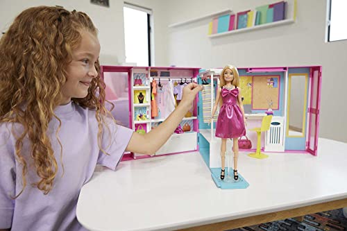 Barbie Dream Closet with Blonde Doll & 25+ Pieces, Toy Closet Expands to 2+ ft Wide & Features 10+ Storage Areas, Full-Length Mirror, Customizable Desk Space and Rotating Clothes Rack