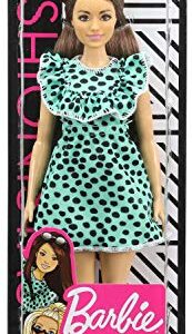 Barbie Fashionistas Doll #149 with Long Brunette Hair Wearing Graphic Black & Aqua Polka-Dot Dress, Purple Sandals & Sunglasses, Toy for Kids 3 to 8 Years Old