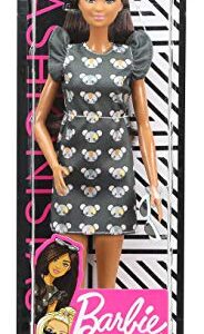 Barbie Fashionistas Doll #140 with Long Brunette Hair Wearing Mouse-Print Dress, Pink Booties & Sunglasses, Toy for Kids 3 to 8 Years Old