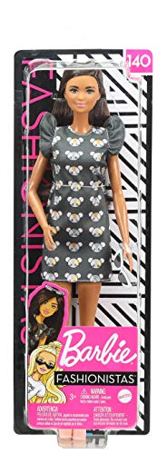 Barbie Fashionistas Doll #140 with Long Brunette Hair Wearing Mouse-Print Dress, Pink Booties & Sunglasses, Toy for Kids 3 to 8 Years Old