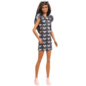 barbie fashionistas doll #140 with long brunette hair wearing mouse-print dress, pink booties & sunglasses, toy for kids 3 to 8 years old