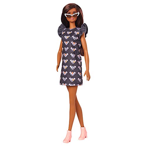 Barbie Fashionistas Doll #140 with Long Brunette Hair Wearing Mouse-Print Dress, Pink Booties & Sunglasses, Toy for Kids 3 to 8 Years Old