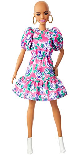 Barbie Fashionistas Doll #150 with No-Hair Look Wearing Pink Floral Dress, White Booties & Earrings, Toy for Kids 3 to 8 Years Old