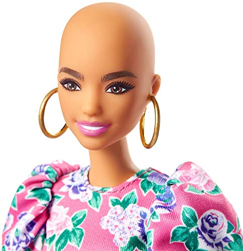 Barbie Fashionistas Doll #150 with No-Hair Look Wearing Pink Floral Dress, White Booties & Earrings, Toy for Kids 3 to 8 Years Old