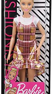 Barbie Fashionistas Doll #142 with Blonde Updo Hair Wearing Pink & Golden Plaid Dress, White Sneakers & Earrings, Toy for Kids 3 to 8 Years Old