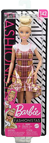 Barbie Fashionistas Doll #142 with Blonde Updo Hair Wearing Pink & Golden Plaid Dress, White Sneakers & Earrings, Toy for Kids 3 to 8 Years Old