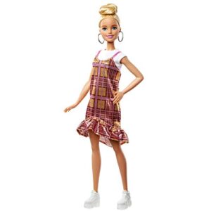 barbie fashionistas doll #142 with blonde updo hair wearing pink & golden plaid dress, white sneakers & earrings, toy for kids 3 to 8 years old