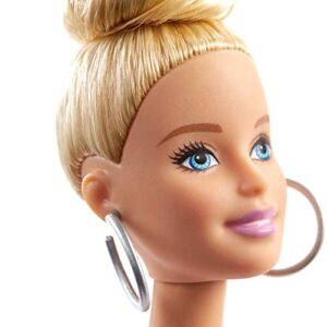 Barbie Fashionistas Doll #142 with Blonde Updo Hair Wearing Pink & Golden Plaid Dress, White Sneakers & Earrings, Toy for Kids 3 to 8 Years Old