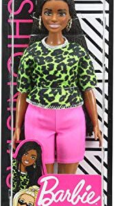 Barbie Fashionistas Doll #144 with Long Brunette Braids Wearing Neon Green Animal-Print Top, Pink Shorts, White Sandals & Earrings, Toy for Kids 3 to 8 Years Old