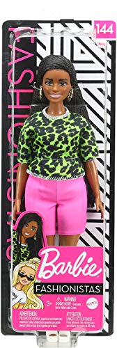 Barbie Fashionistas Doll #144 with Long Brunette Braids Wearing Neon Green Animal-Print Top, Pink Shorts, White Sandals & Earrings, Toy for Kids 3 to 8 Years Old