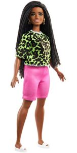 barbie fashionistas doll #144 with long brunette braids wearing neon green animal-print top, pink shorts, white sandals & earrings, toy for kids 3 to 8 years old