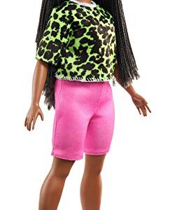 Barbie Fashionistas Doll #144 with Long Brunette Braids Wearing Neon Green Animal-Print Top, Pink Shorts, White Sandals & Earrings, Toy for Kids 3 to 8 Years Old