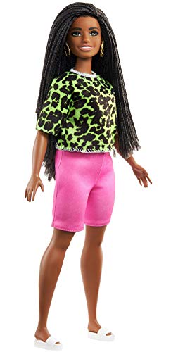 Barbie Fashionistas Doll #144 with Long Brunette Braids Wearing Neon Green Animal-Print Top, Pink Shorts, White Sandals & Earrings, Toy for Kids 3 to 8 Years Old