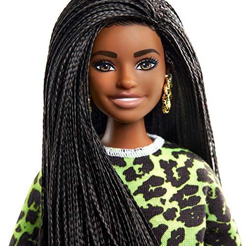 Barbie Fashionistas Doll #144 with Long Brunette Braids Wearing Neon Green Animal-Print Top, Pink Shorts, White Sandals & Earrings, Toy for Kids 3 to 8 Years Old