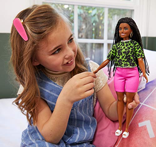 Barbie Fashionistas Doll #144 with Long Brunette Braids Wearing Neon Green Animal-Print Top, Pink Shorts, White Sandals & Earrings, Toy for Kids 3 to 8 Years Old