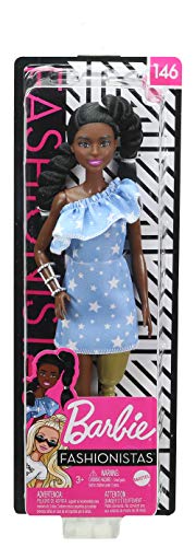 Barbie Fashionistas Doll #146 with 2 Twisted Braids & Prosthetic Leg Wearing Star-Print Dress, White Shoes & Arm Bracelet, Toy for Kids 3 to 8 Years Old