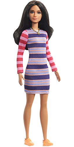 Barbie Fashionistas Doll #147 with Long Brunette Hair Wearing Striped Dress, Orange Shoes & Necklace, Toy for Kids 3 to 8 Years Old