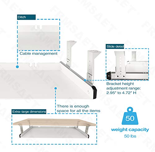 FRMSAET Under Desk Keyboard Tray Heavy-Duty All-Metal Material 20/24/30 inches Platform Computer Drawer Organizer Home Office Kitchen Bedroom Garage Storage Tool - Easy to Install.(24 inches, White)