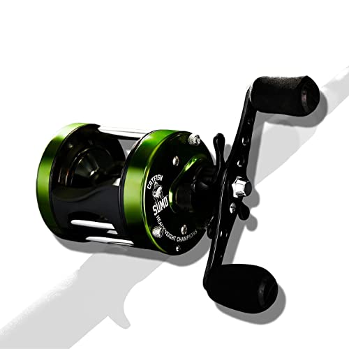 Heavyweight Champions Catfish Baitcaster Reel – Round with Loud Bait Clicker, Steel Bearings, Carbon Disc Drag, Thickened Metal for Big Cat Fish + Power Handle + Neoprene Cover (Right-Side Retrieve)