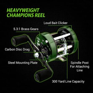 Heavyweight Champions Catfish Baitcaster Reel – Round with Loud Bait Clicker, Steel Bearings, Carbon Disc Drag, Thickened Metal for Big Cat Fish + Power Handle + Neoprene Cover (Right-Side Retrieve)