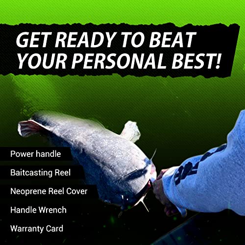 Heavyweight Champions Catfish Baitcaster Reel – Round with Loud Bait Clicker, Steel Bearings, Carbon Disc Drag, Thickened Metal for Big Cat Fish + Power Handle + Neoprene Cover (Right-Side Retrieve)