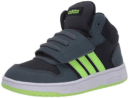 adidas Boy's Hoops 2.0 Mid Basketball Shoe, Ink/Green/Legacy Blue, 5.5 Little Kid