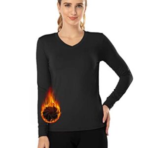 MANCYFIT Thermal Tops for Women Fleece Lined Shirt Long Sleeve Base Layer V Neck Black Large