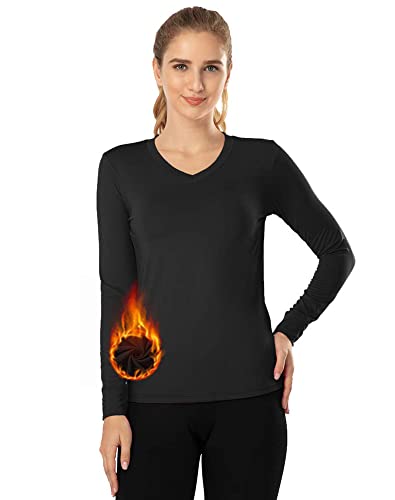 MANCYFIT Thermal Tops for Women Fleece Lined Shirt Long Sleeve Base Layer V Neck Black Large