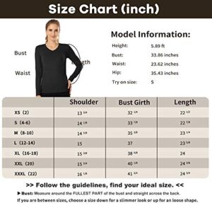 MANCYFIT Thermal Tops for Women Fleece Lined Shirt Long Sleeve Base Layer V Neck Black Large