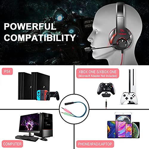 YINSAN Gaming Headset for Nintendo Switch, PS4 Headset with Mic Xbox One Gaming Headphone with Surround Stereo & LED Light, Compatible with PC/PS5/Xbox Series X/S (USB Extension Cable Contained), Red