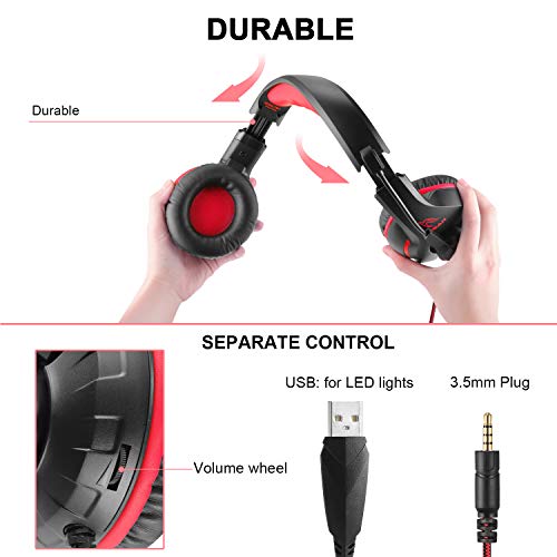 YINSAN Gaming Headset for Nintendo Switch, PS4 Headset with Mic Xbox One Gaming Headphone with Surround Stereo & LED Light, Compatible with PC/PS5/Xbox Series X/S (USB Extension Cable Contained), Red