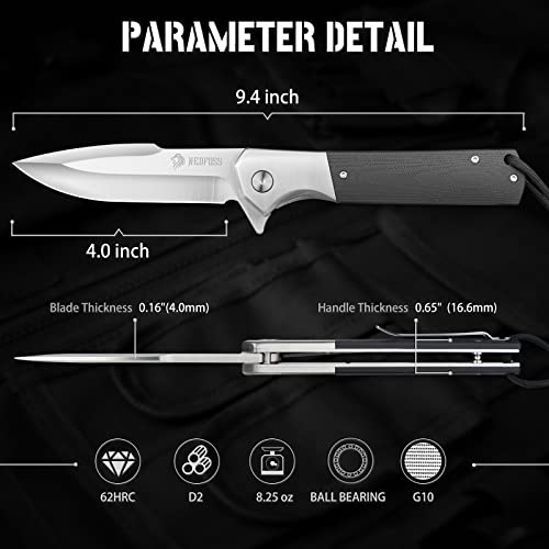 NedFoss Pocket Knife for Men, 4 inch D2 Steel Folding Knife with Clip, G10 Handle, Safety Liner Lock, Sharp Pocket Knives, Survival Knife for Hiking Camping Gifts for Men