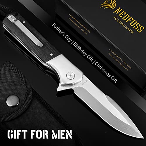 NedFoss Pocket Knife for Men, 4 inch D2 Steel Folding Knife with Clip, G10 Handle, Safety Liner Lock, Sharp Pocket Knives, Survival Knife for Hiking Camping Gifts for Men