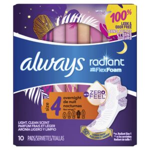 always radiant pads, size 4, overnight absorbency, scented, 10 count
