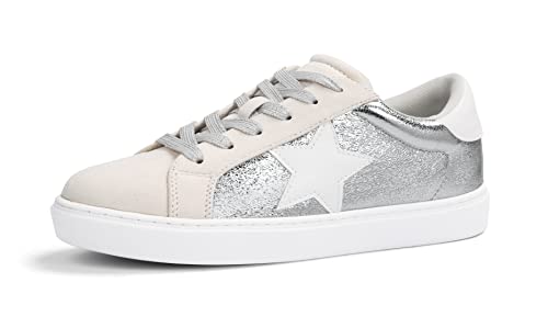 PARTY Women's Fashion Star Sneaker Lace Up Low Top Comfortable Cushioned Walking Shoes, Dale-Silver Met-8