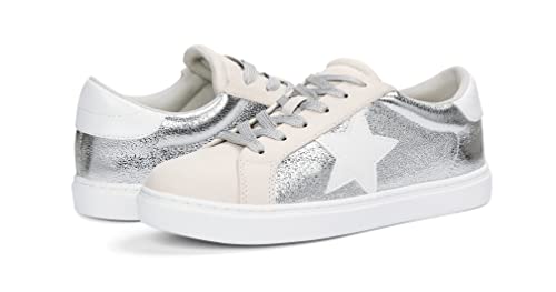 PARTY Women's Fashion Star Sneaker Lace Up Low Top Comfortable Cushioned Walking Shoes, Dale-Silver Met-8