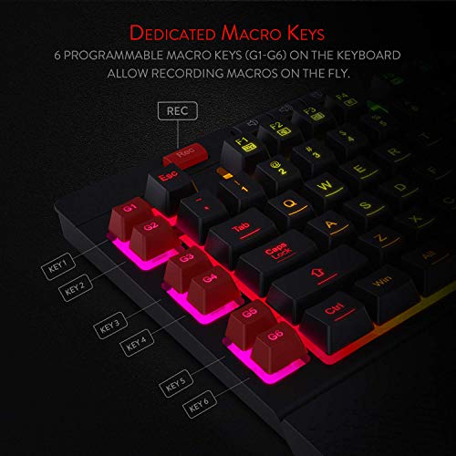 Redragon K512 Shiva RGB Backlit Membrane Gaming Keyboard with Multimedia Keys, Linear Mechanical-Feel Switch, 6 Extra On-Board Macro Keys, Dedicated Media Control, Detachable Wrist Rest